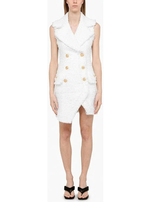 Asymmetrical Tweed Mini Dress, White - Branna Couture