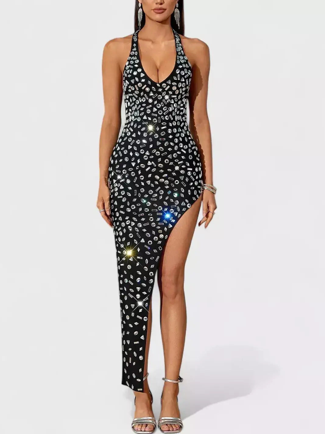 Asymmetrical Black V-Neck Stretch Rhinestone Dress - XS - Dresses