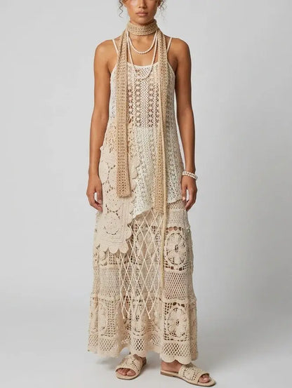Asymmetrical Crochet Knit Tank Top and Maxi Skirt Set - Small - Suits & Sets