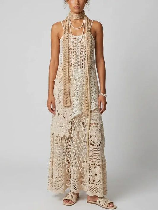 Asymmetrical Crochet Knit Tank Top and Maxi Skirt Set - Small - Suits & Sets