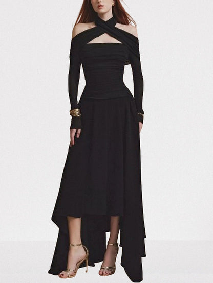 Asymmetrical Cross Halter Black Maxi Dress - S - Dresses