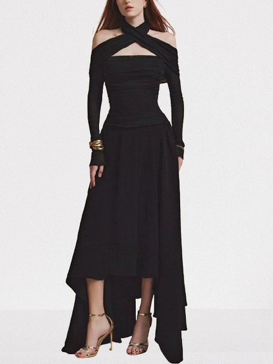 Asymmetrical Cross Halter Black Maxi Dress - S - Dresses