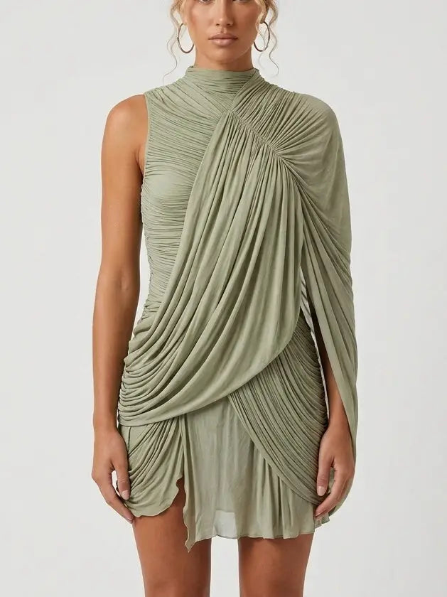 Asymmetrical Draped Cape Jersey Mini Dress - Small - Dresses