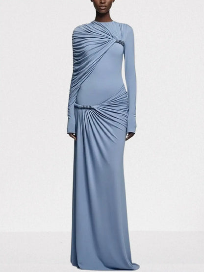 Asymmetrical Draped Long-Sleeve Jersey Gown - S / Blue - Dresses