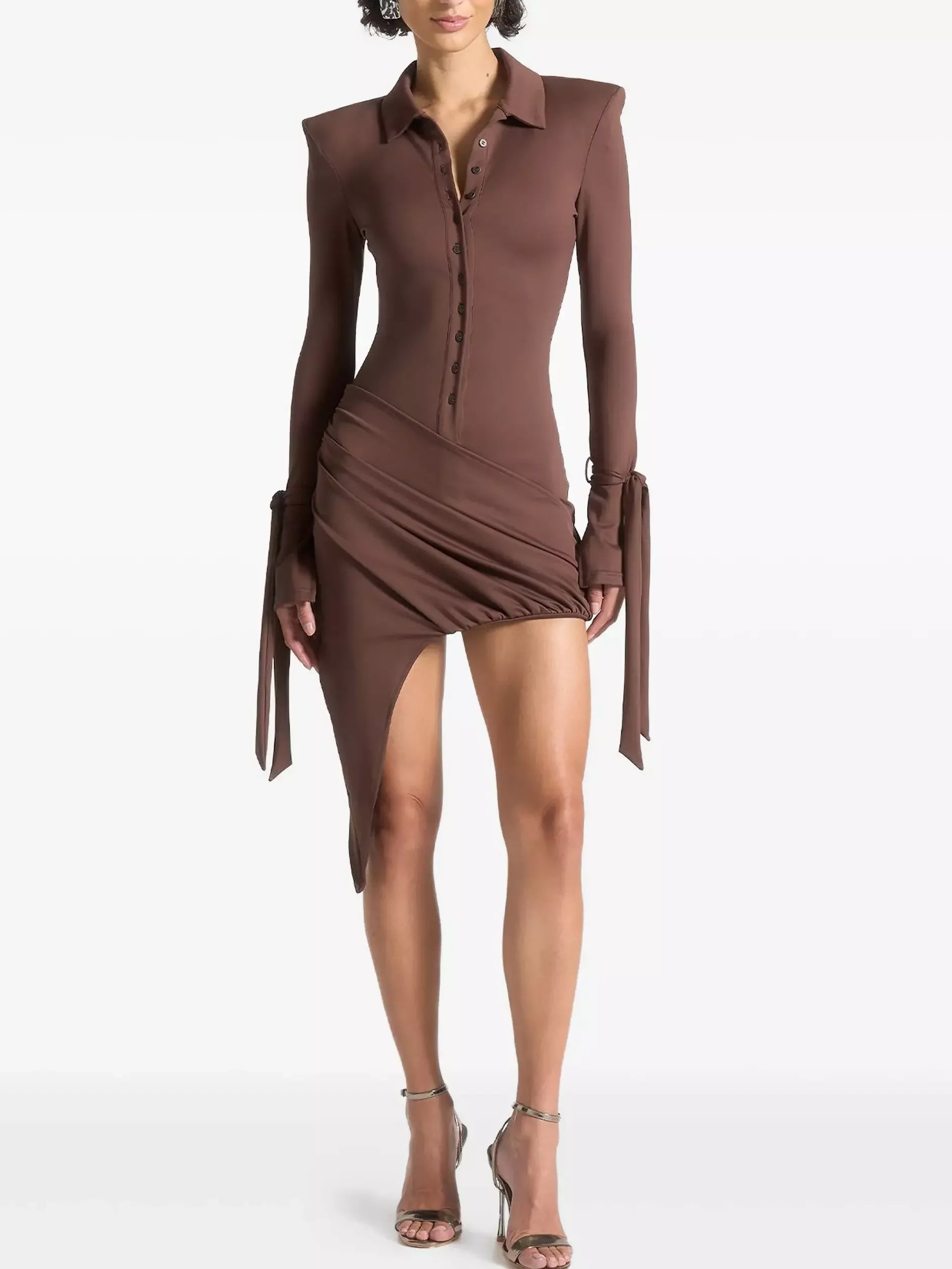 Asymmetrical Draped Long Sleeve Mini Dress Small Dresses
