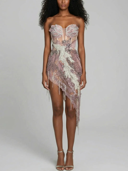 Asymmetrical Embellished Strapless Corset Dress - Small - Dresses