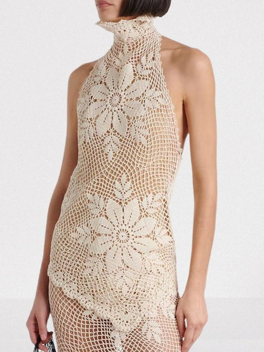 Asymmetrical Floral Crochet Cotton Halter Top - Small / Light Beige - Tops