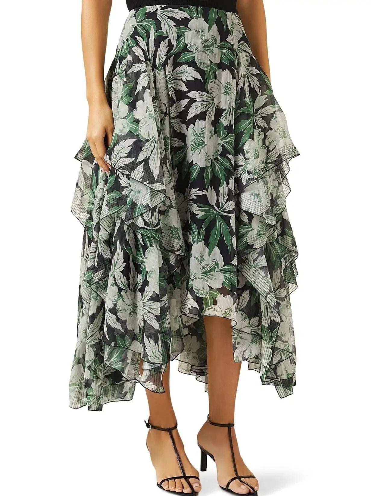 Asymmetrical Hibiscus Floral Print Midi Skirt - Small - Skirts