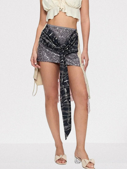 Asymmetrical Hybrid Sequin and Plaid Mini Skirt - Small - Skirts