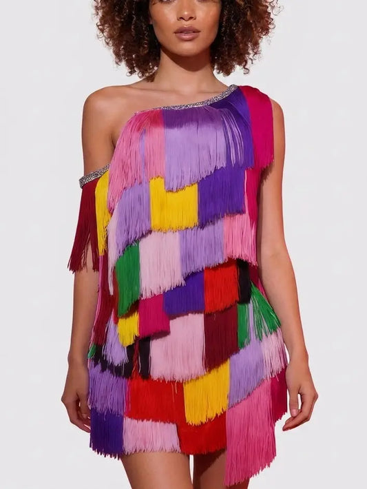 Asymmetrical Layered Fringe Multicolor Mini Dress - Small - Dresses
