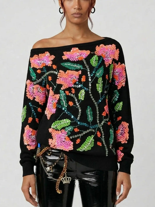 Asymmetrical Oversized Black Sequin Floral Sweatshirt - S - Tops