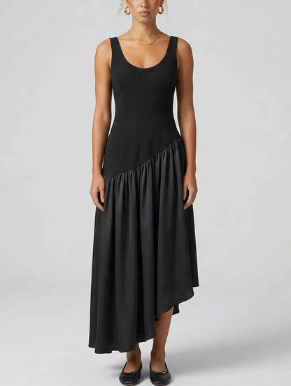 Asymmetrical Panel Black Midi Dress Structured Bodice