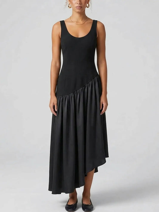 Asymmetrical Panel Black Midi Dress - Small - Dresses