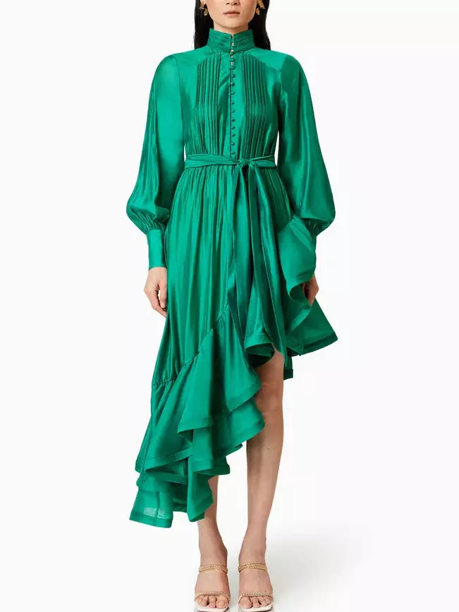 Women’s Asymmetrical Pleat-Paneled Ruffled Tie-Waist Dress in Green Branna Couture