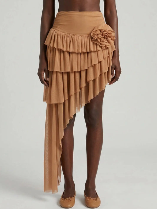Asymmetrical Ruffle Tulle Skirt - Small / Camel - Skirts