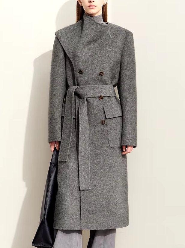 Asymmetrical Scarf Collar Belted Wool and Silk Coat Branna Couture