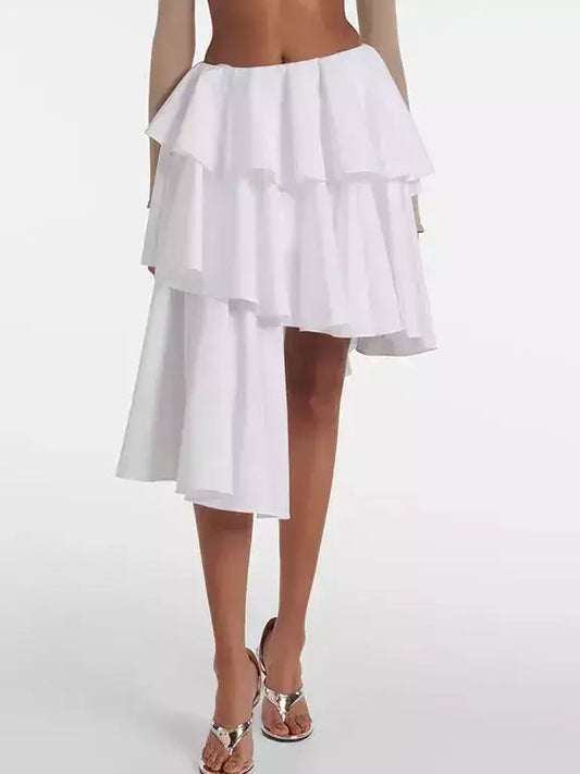 Asymmetrical Spiral Ruffle Tiered White Skirt - Small - Skirts