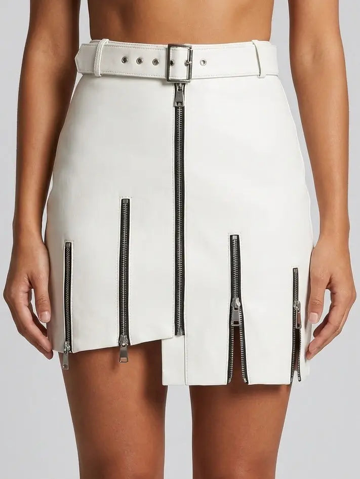 Belted Black Leather Zip Mini Skirt - S / White - Skirts