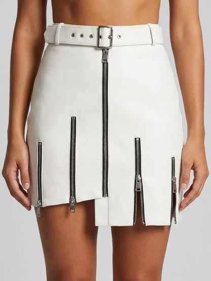 Belted Black Leather Zip Mini Skirt - S / White - Skirts