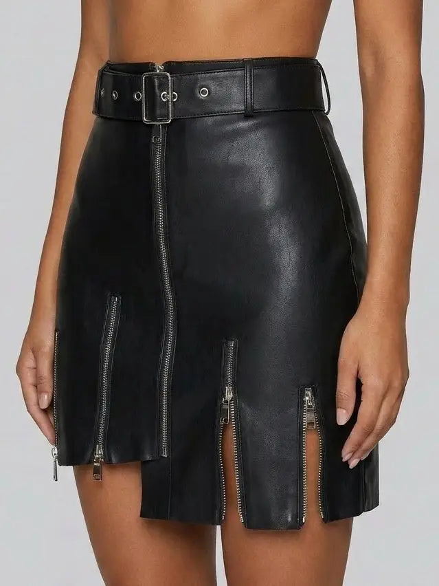 Belted Black Leather Zip Mini Skirt - Skirts