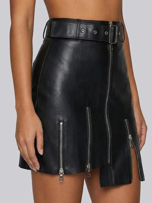 Belted Black Leather Zip Mini Skirt - Skirts