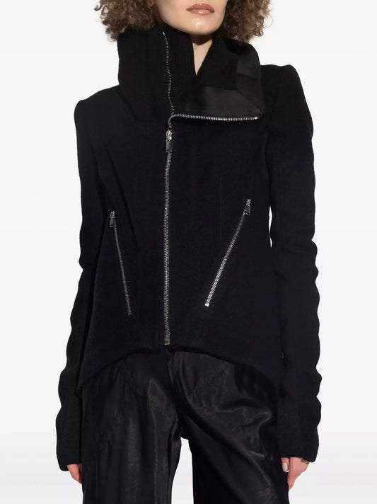 Asymmetrical Black Wool High-Neck Zip Jacket - Jackets