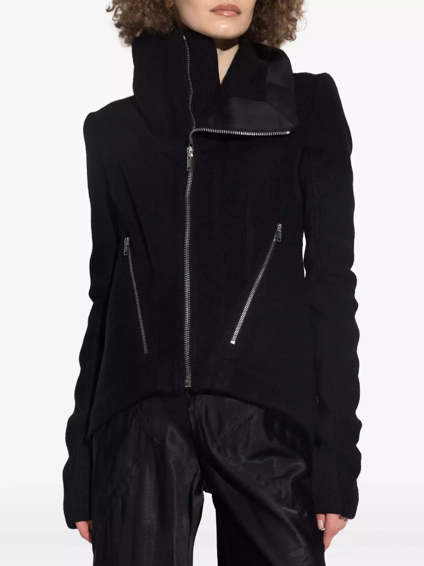 Asymmetrical Black Wool High-Neck Zip Jacket - Jackets