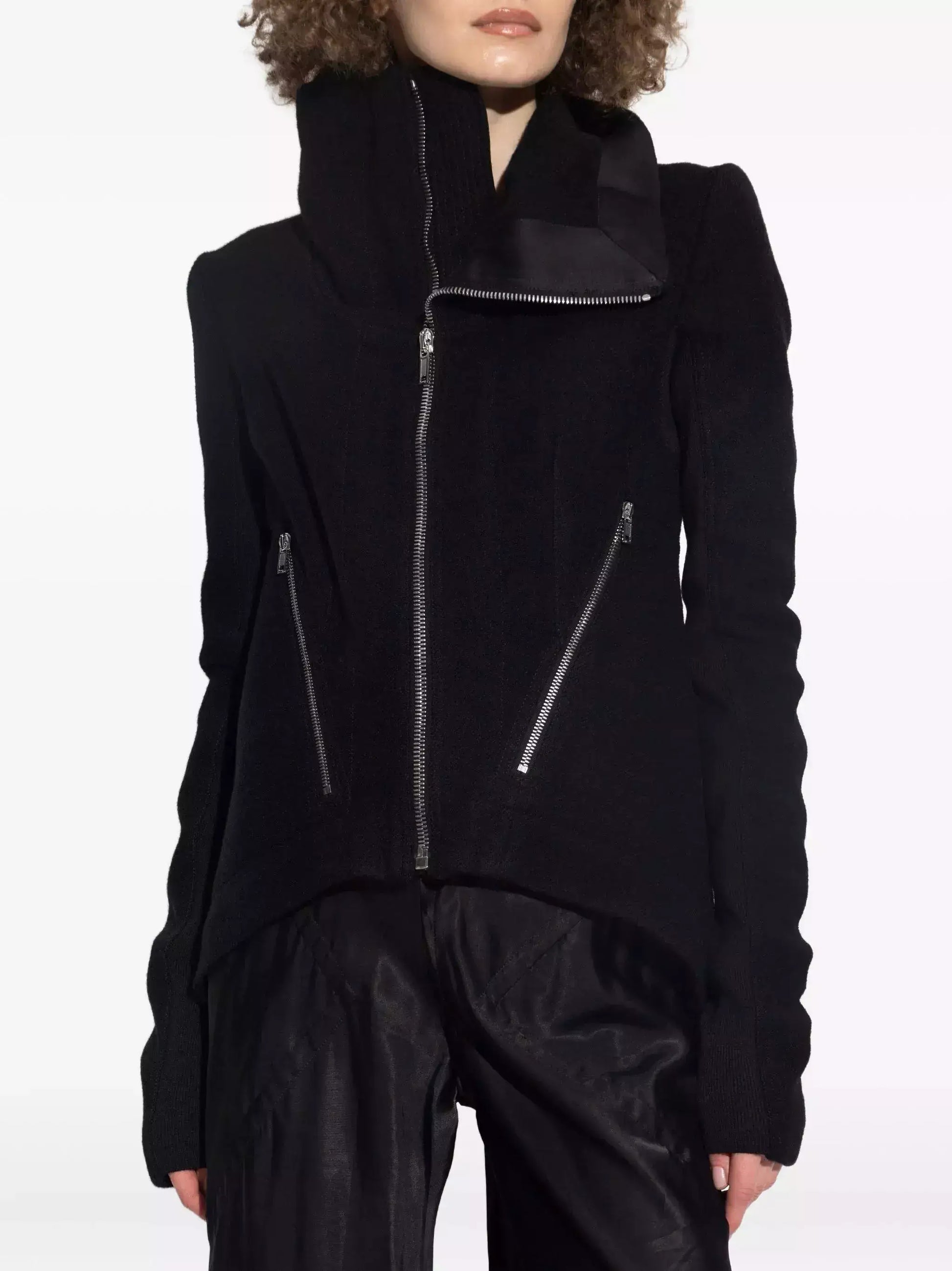Asymmetrical Black Wool High-Neck Zip Jacket - Jackets