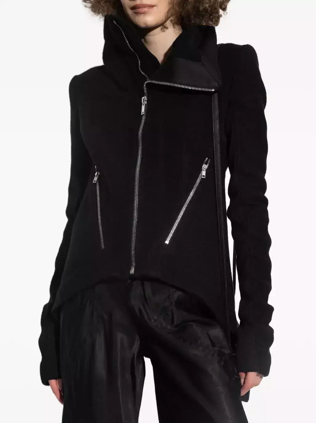 Asymmetrical Black Wool High-Neck Zip Jacket - Jackets