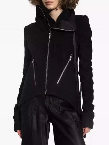Asymmetrical Black Wool High-Neck Zip Jacket - Jackets