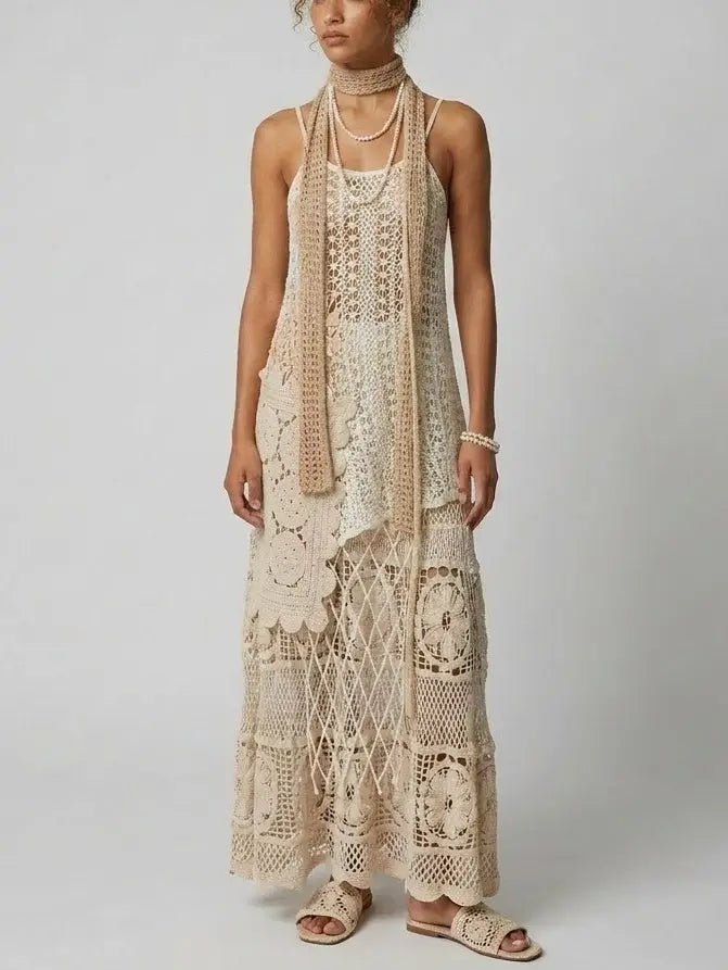 Asymmetrical Crochet Knit Tank Top and Maxi Skirt Set - Suits & Sets