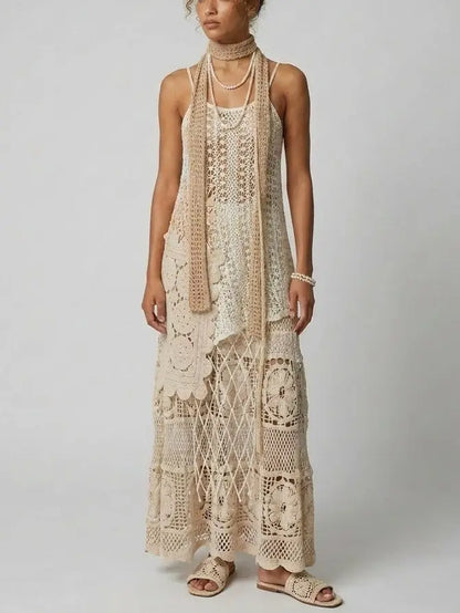 Asymmetrical Crochet Knit Tank Top and Maxi Skirt Set - Suits & Sets