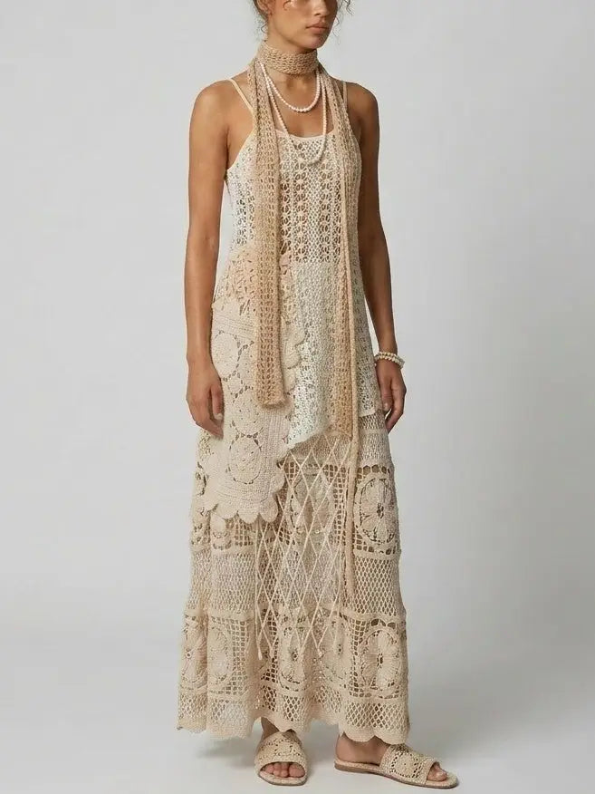 Asymmetrical Crochet Knit Tank Top and Maxi Skirt Set - Suits & Sets