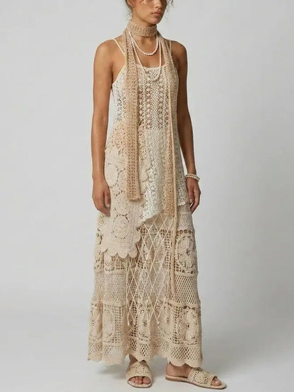Asymmetrical Crochet Knit Tank Top and Maxi Skirt Set - Suits & Sets