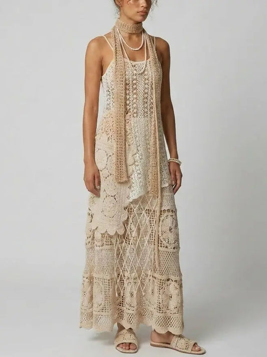 Asymmetrical Crochet Knit Tank Top and Maxi Skirt Set - Suits & Sets