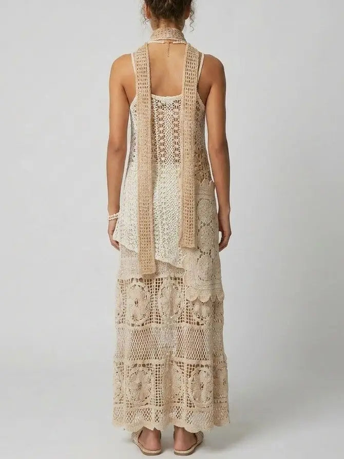 Asymmetrical Crochet Knit Tank Top and Maxi Skirt Set - Suits & Sets