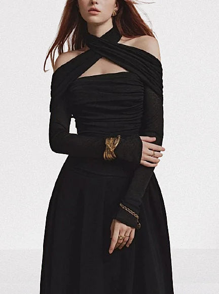 Asymmetrical Cross Halter Black Maxi Dress - Dresses