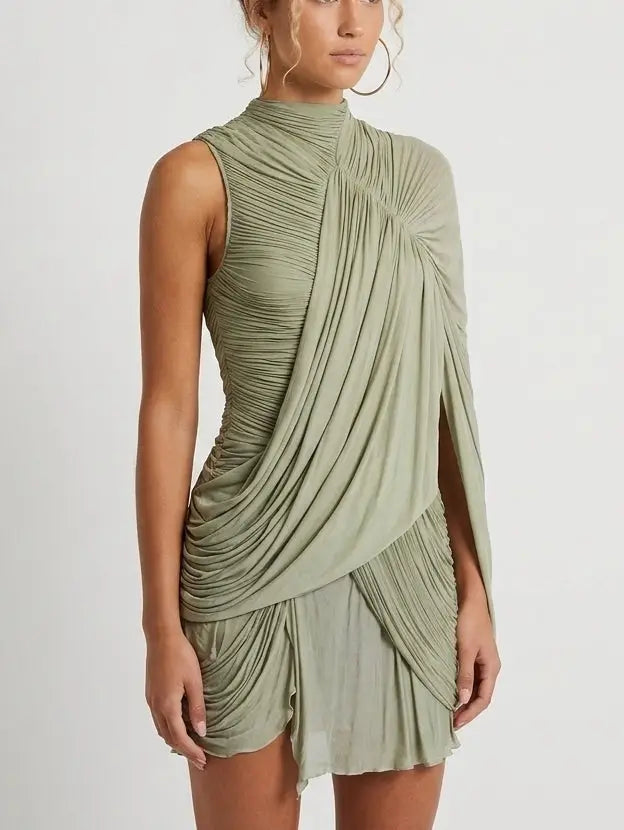 Asymmetrical Draped Cape Jersey Mini Dress - Dresses