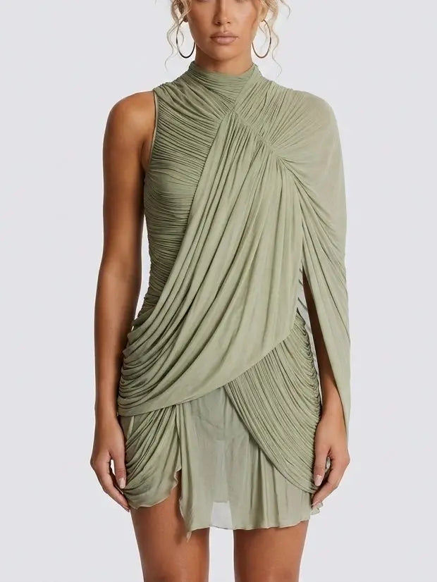 Asymmetrical Draped Cape Jersey Mini Dress - Dresses