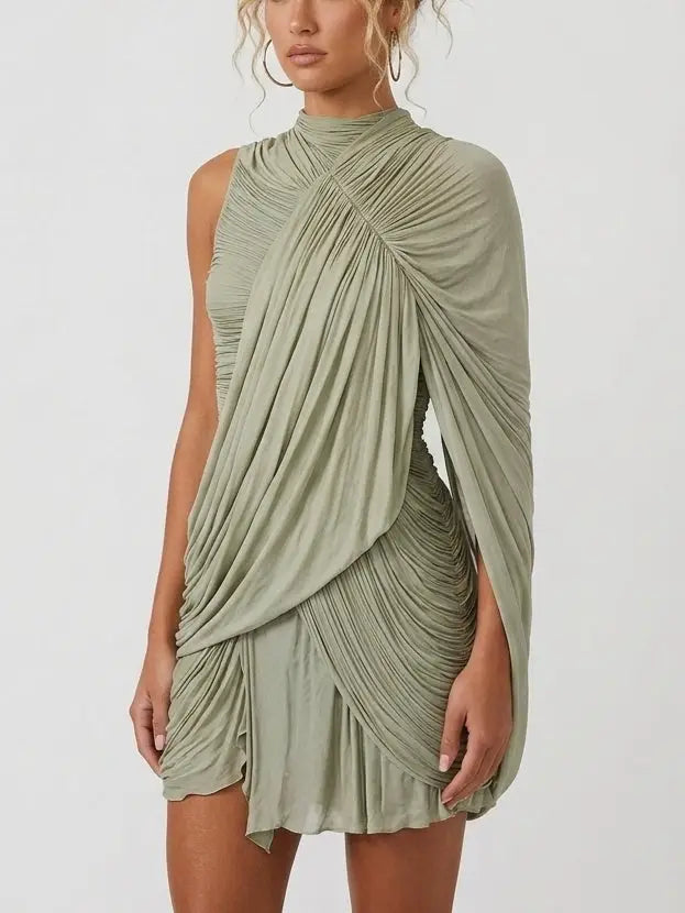 Asymmetrical Draped Cape Jersey Mini Dress - Dresses
