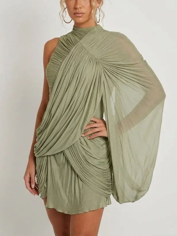 Asymmetrical Draped Cape Jersey Mini Dress - Dresses