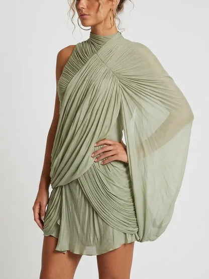 Asymmetrical Draped Cape Jersey Mini Dress - Dresses