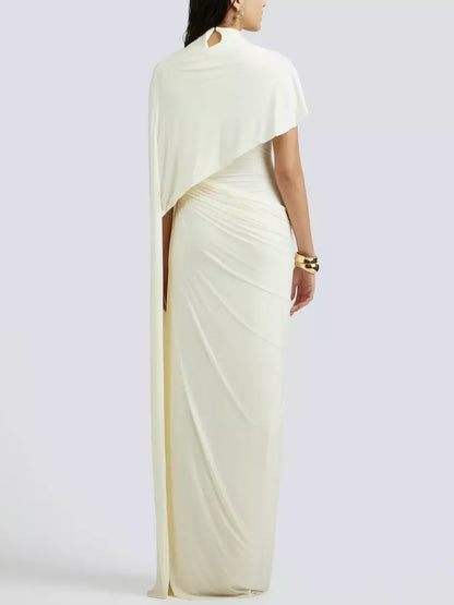 Asymmetrical Draped Gathered Cape Gown - Dresses