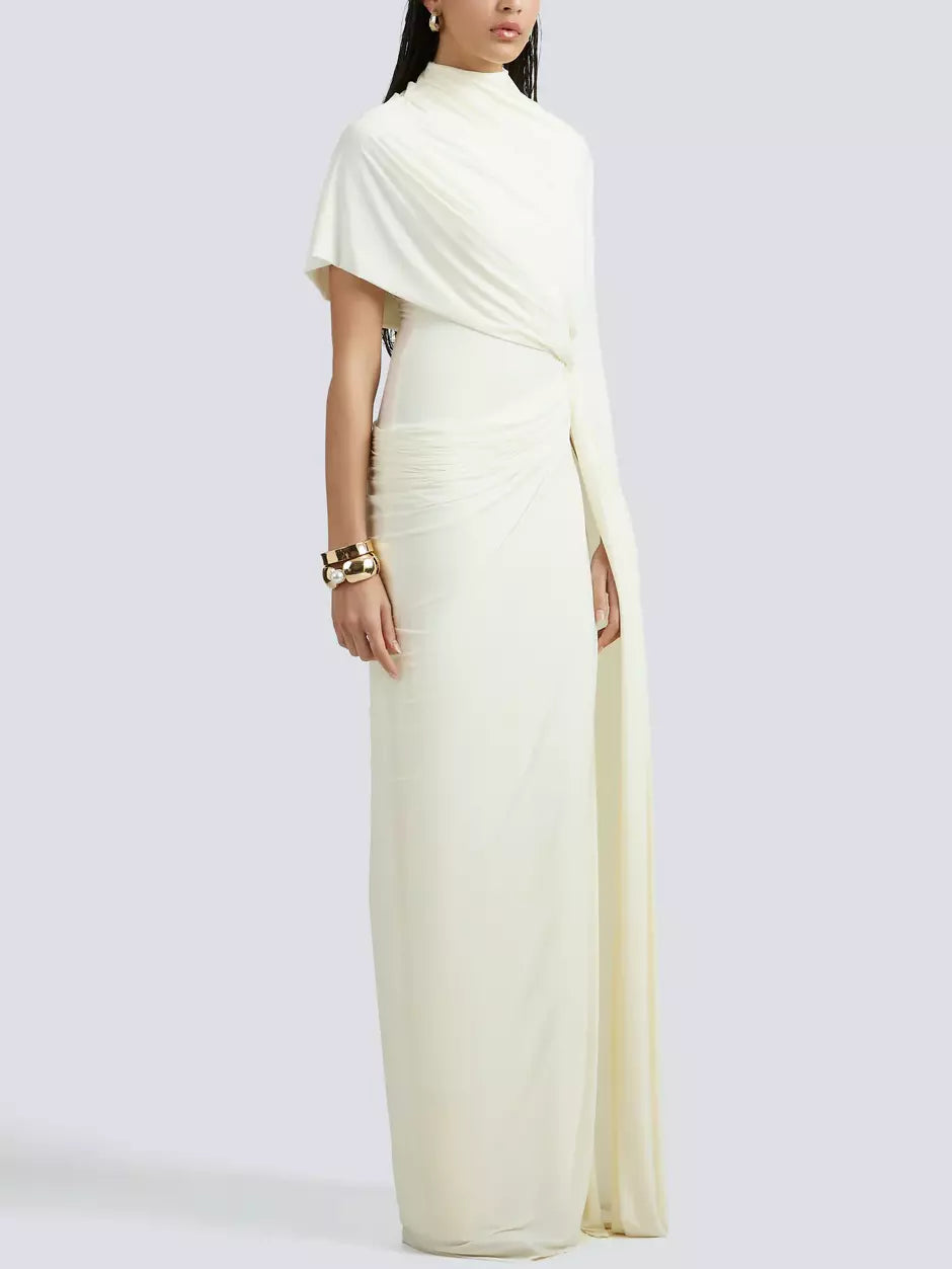 Asymmetrical Draped Gathered Cape Gown - Dresses