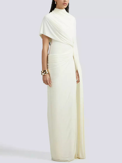 Asymmetrical Draped Gathered Cape Gown - Dresses