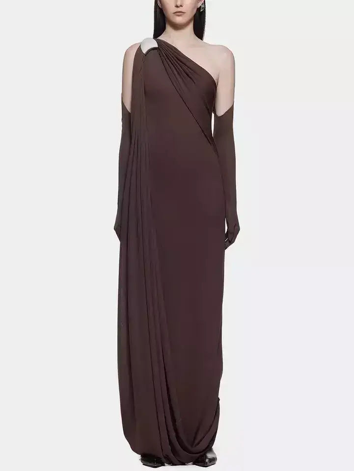 Asymmetrical Draped Interlock Sculptured Gown - S / Brown - Dresses