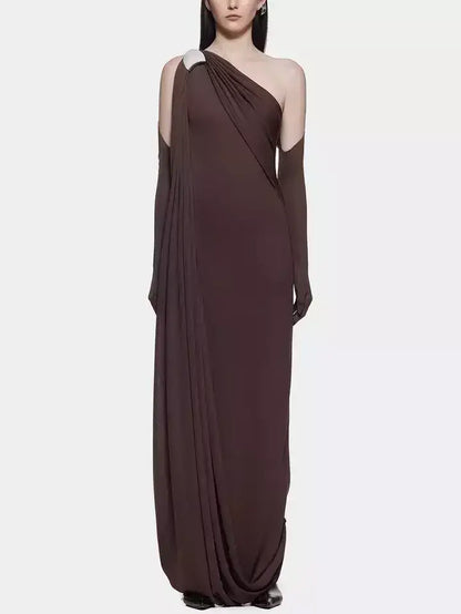 Asymmetrical Draped Interlock Sculptured Gown - S / Brown - Dresses