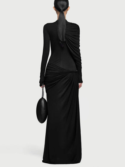 Asymmetrical Draped Long-Sleeve Jersey Gown - Dresses