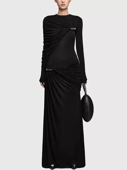 Asymmetrical Draped Long-Sleeve Jersey Gown - S / Black - Dresses
