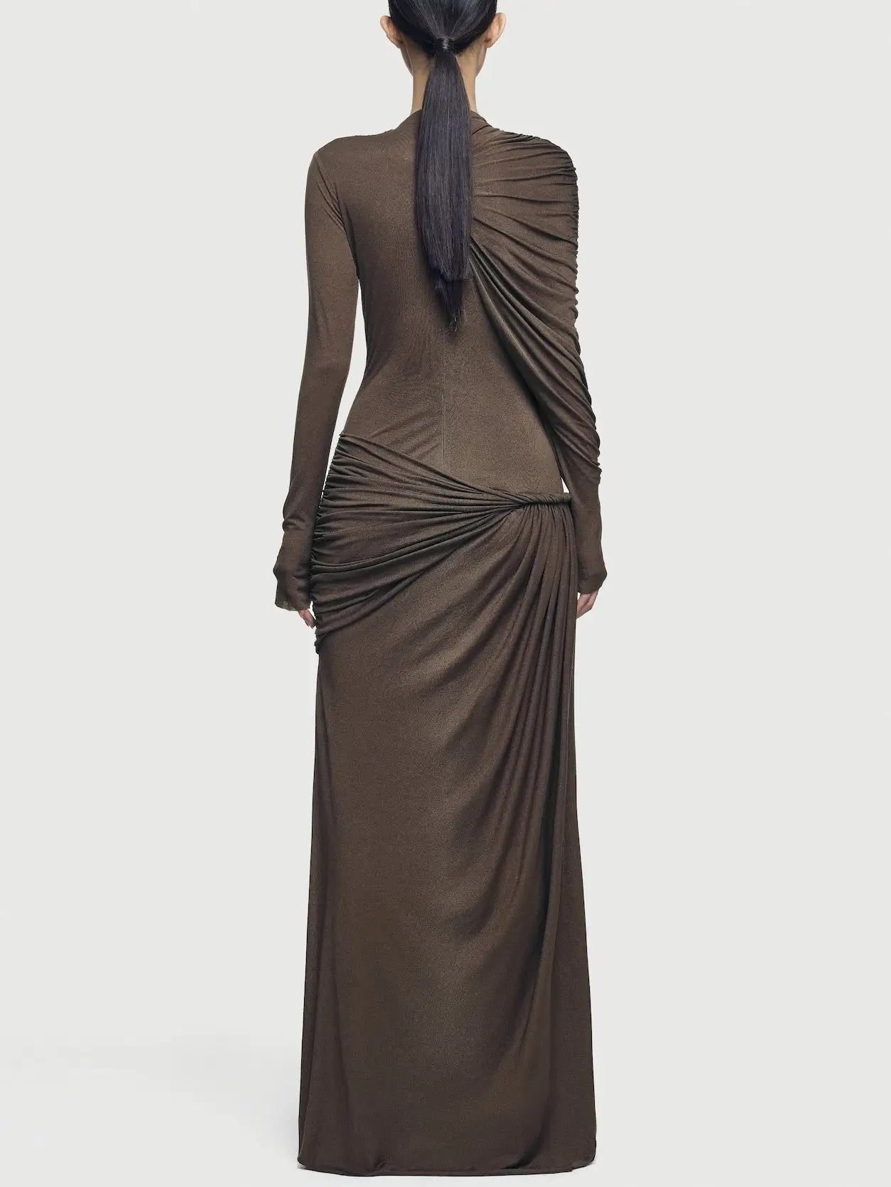 Asymmetrical Draped Long-Sleeve Jersey Gown - Dresses